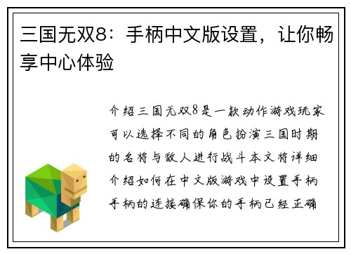 三国无双8：手柄中文版设置，让你畅享中心体验
