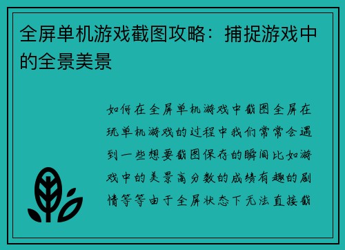 全屏单机游戏截图攻略：捕捉游戏中的全景美景