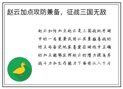 赵云加点攻防兼备，征战三国无敌